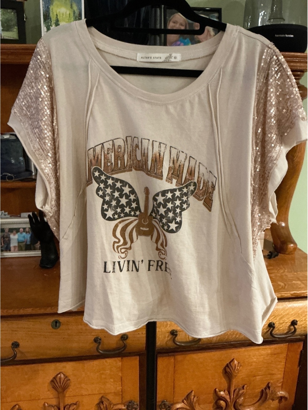 #FP146 Alter’d State American Made Livin' Free Sequin Graphic Tee, Size XL